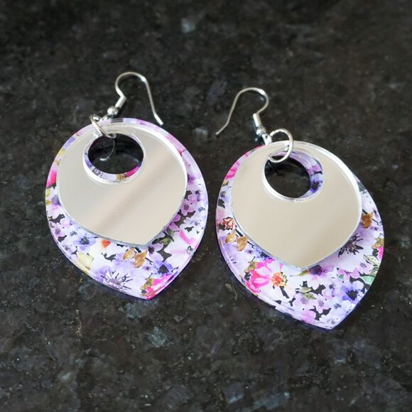 Layered Floral Acrylic Earrings – Mirrored Top Dangle Earrings – Statement - Picture 2 of 11